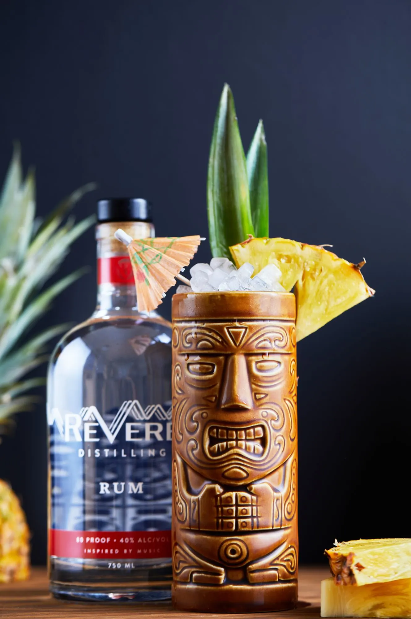 ReVerb Rum with a tiki mug and pineapple