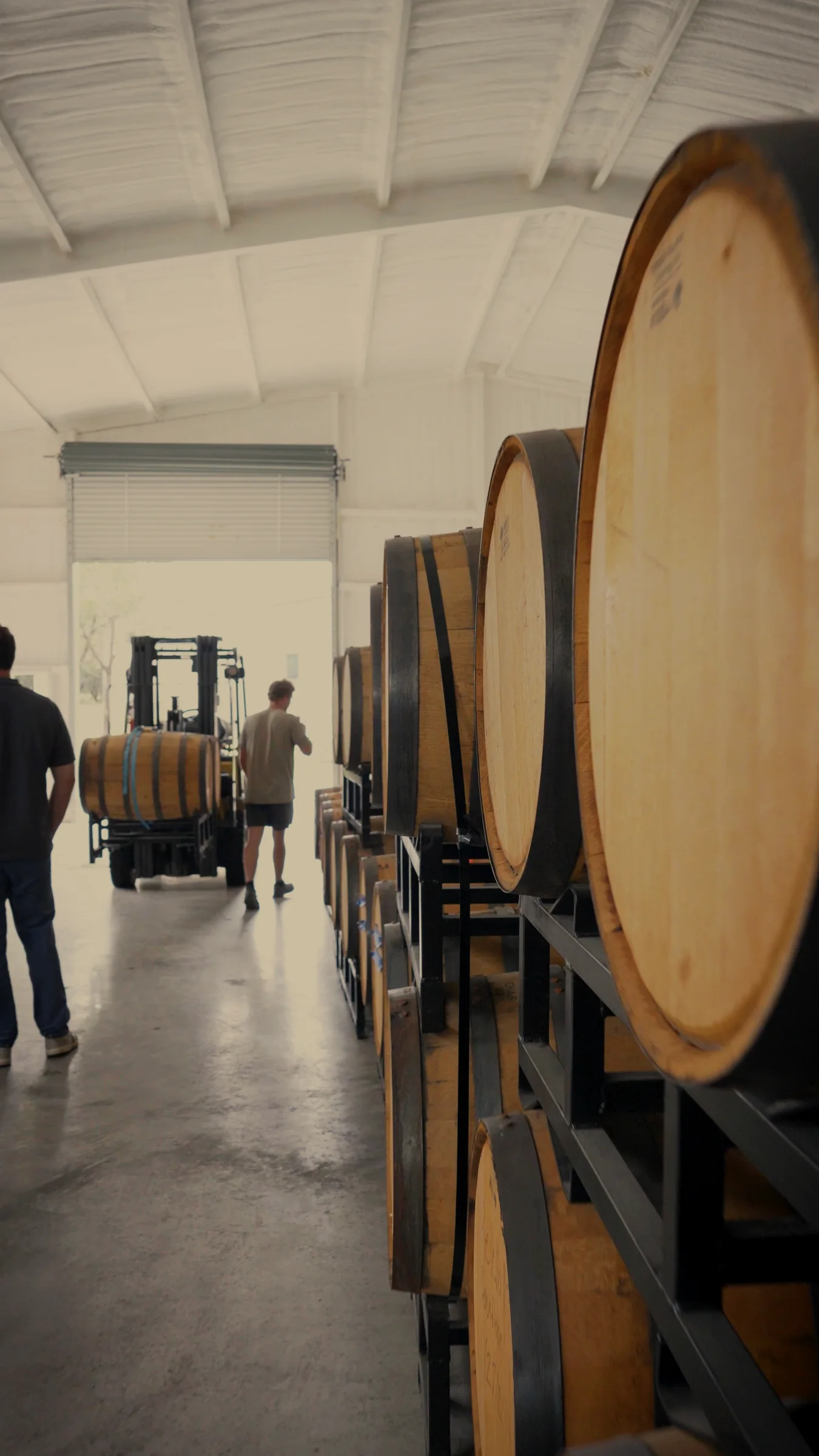 Rows of barrels in the ReVerb warehouse